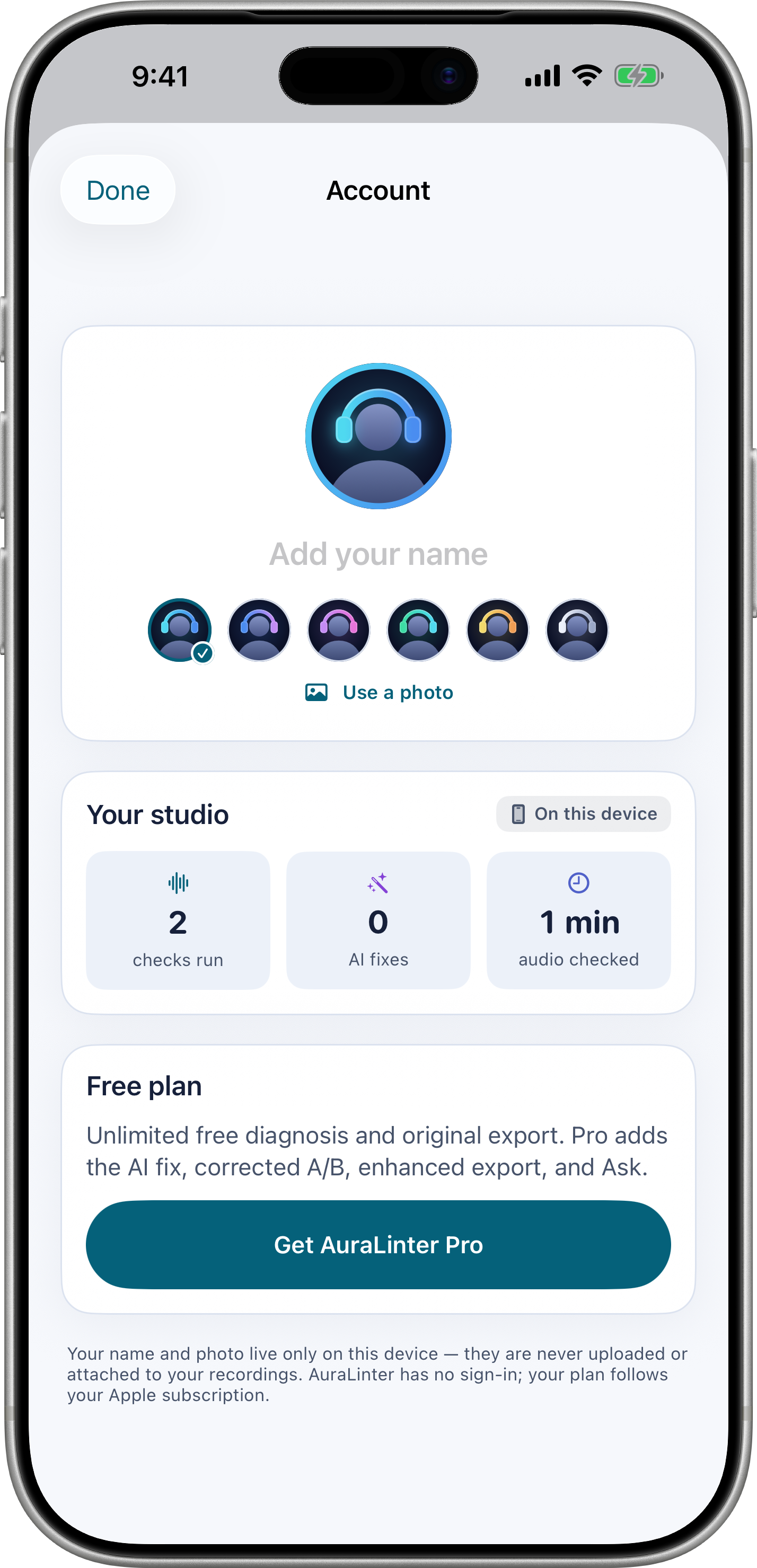Account — on-device profile, studio activity, and Pro status