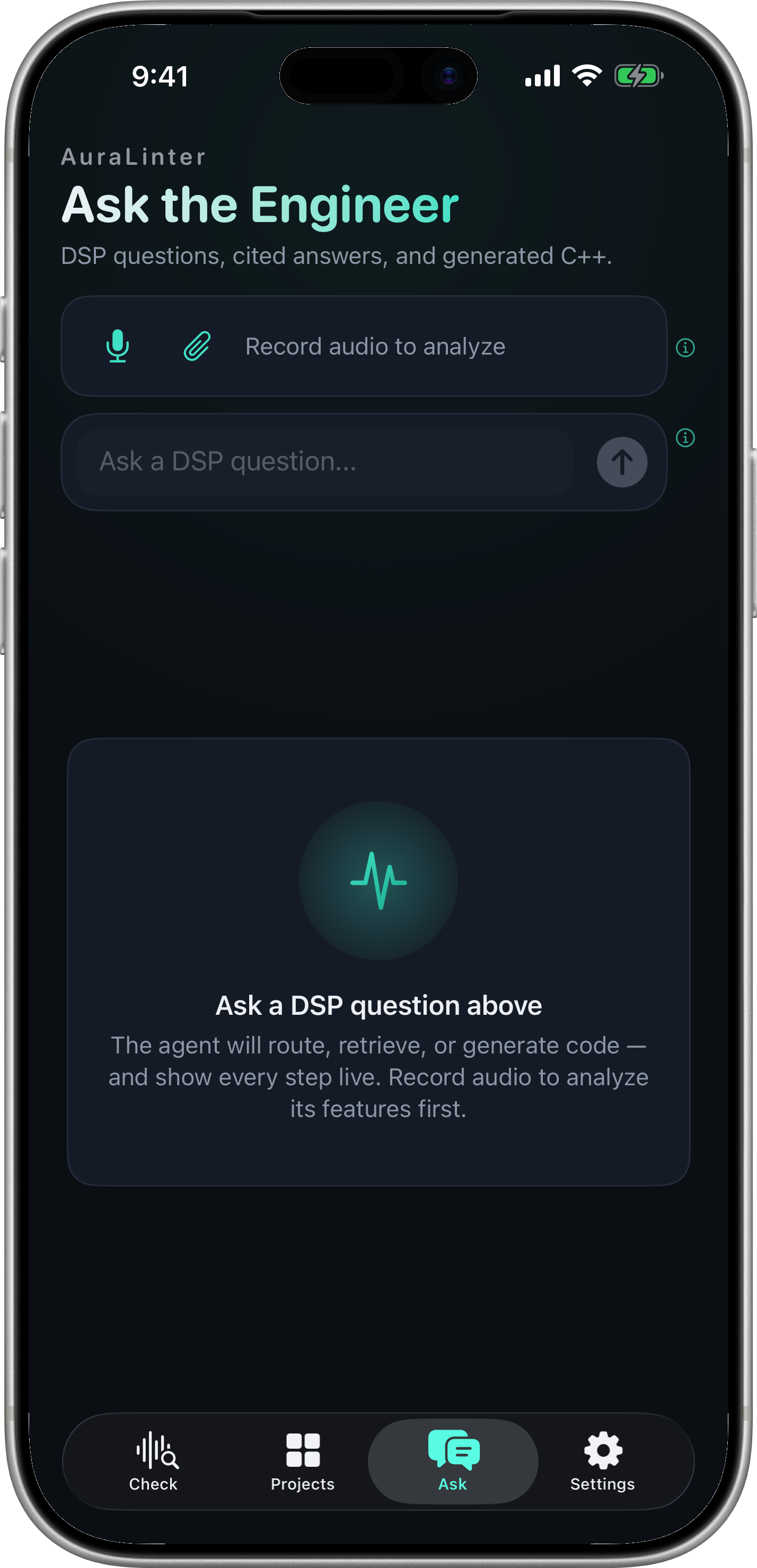 Ask tab — DSP Q&A agent with audio attachment and answer workspace