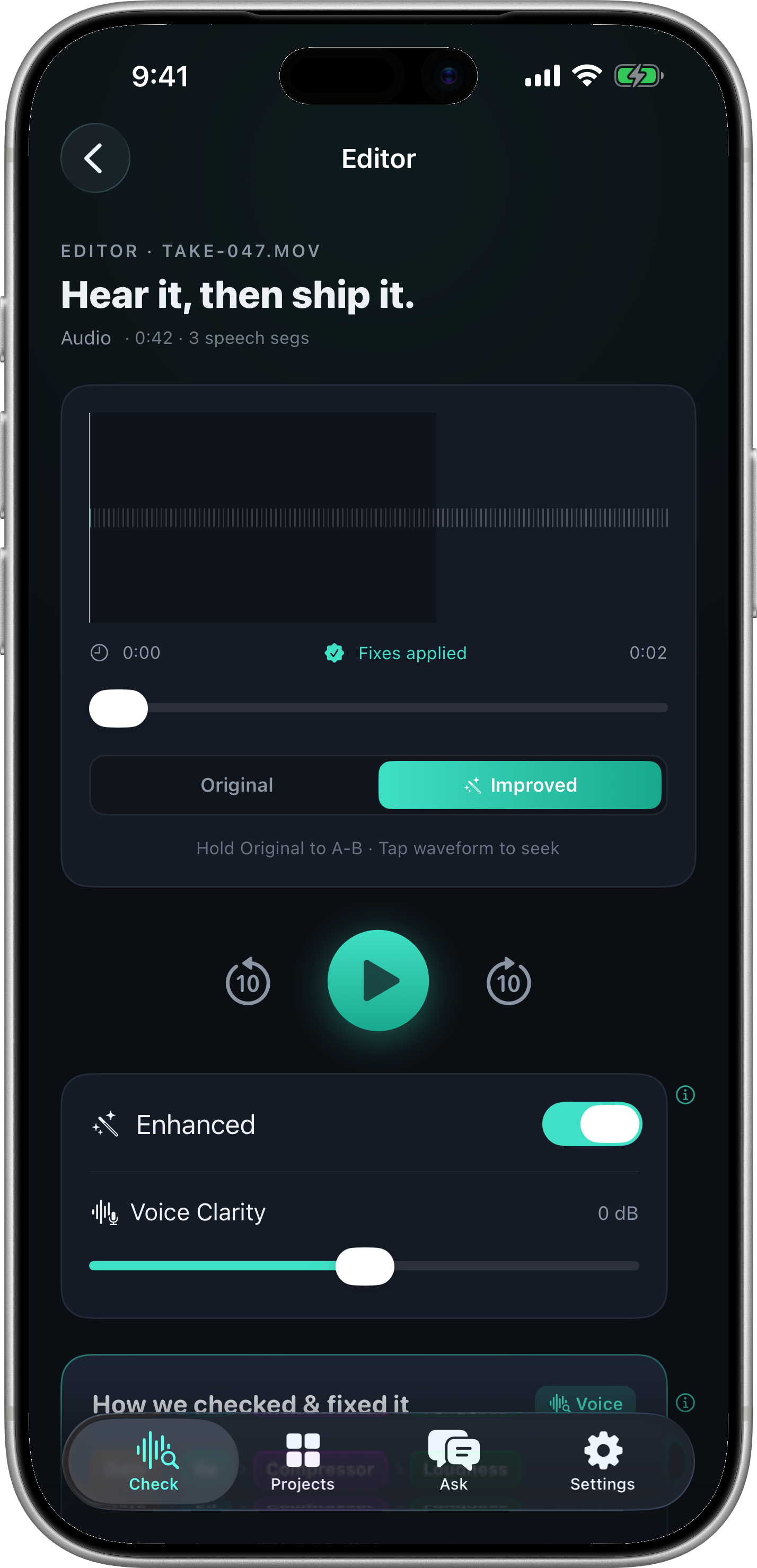 Editor — waveform with A/B corrected-audio toggle, transport, and export controls