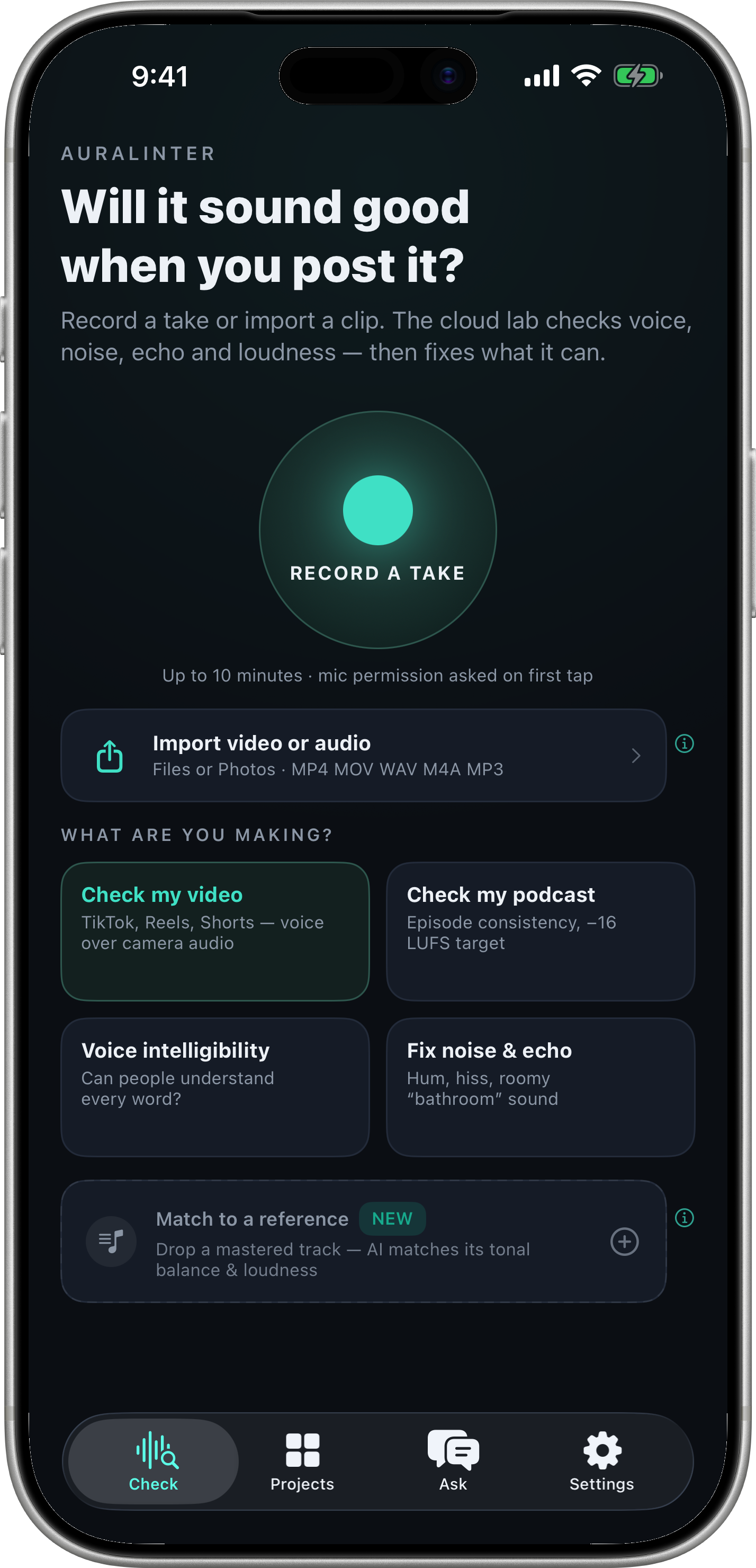 AuraLinter Check tab — recording-quality coach entry with waveform and intent chips