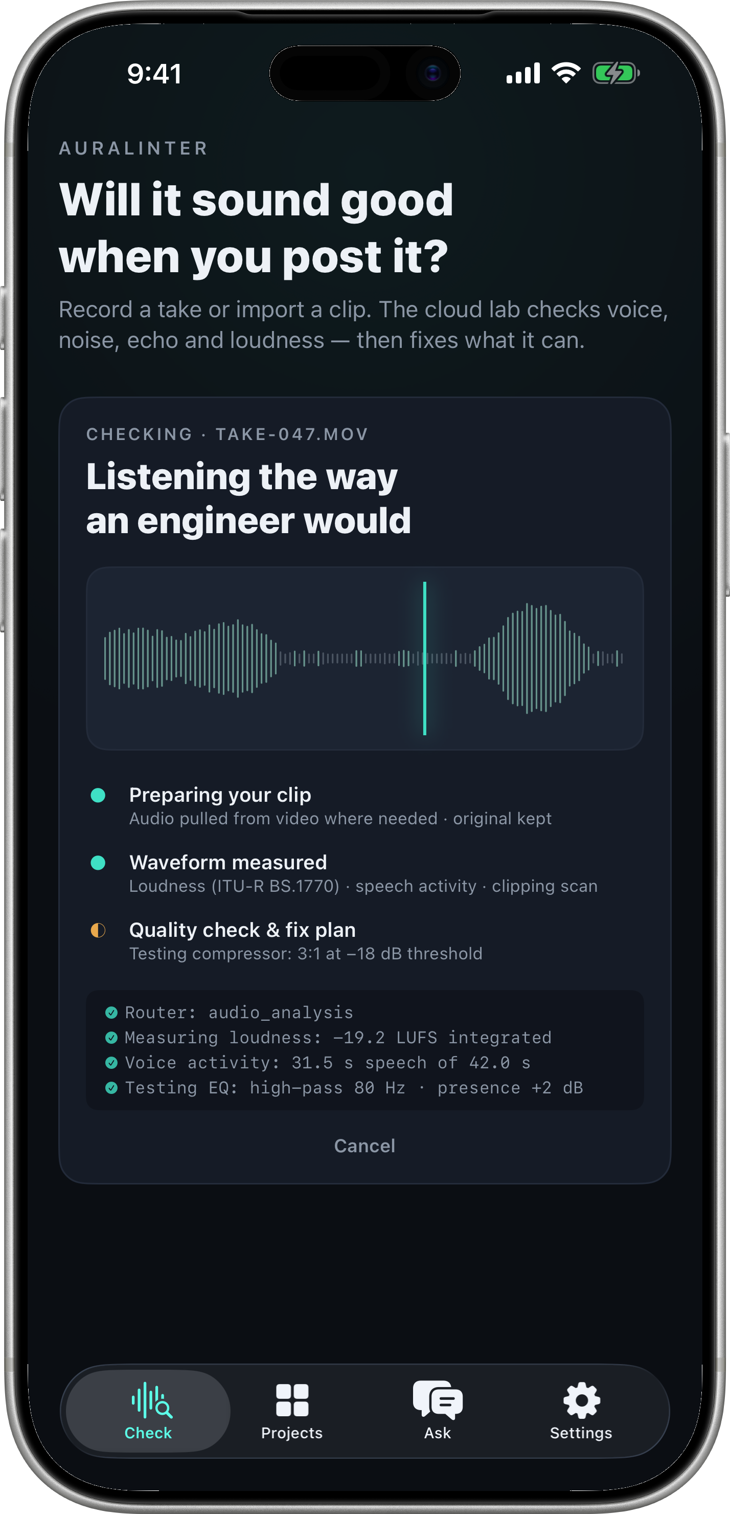 Processing — live tool log with scanline waveform during AI analysis