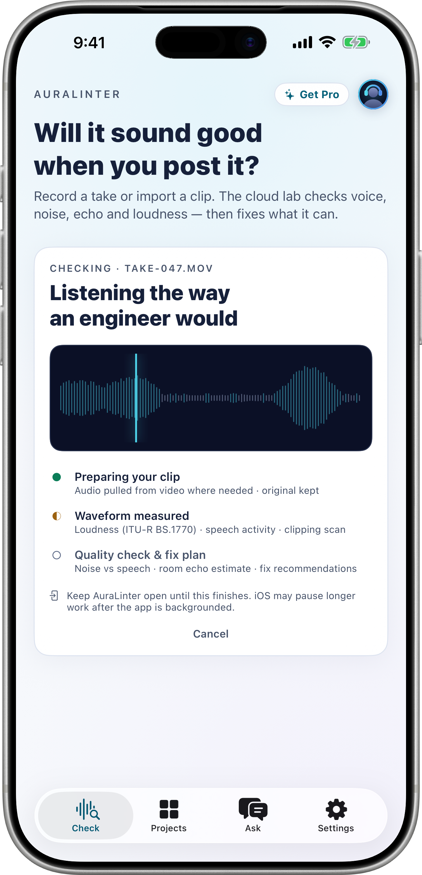 Processing — measured waveform while the check runs