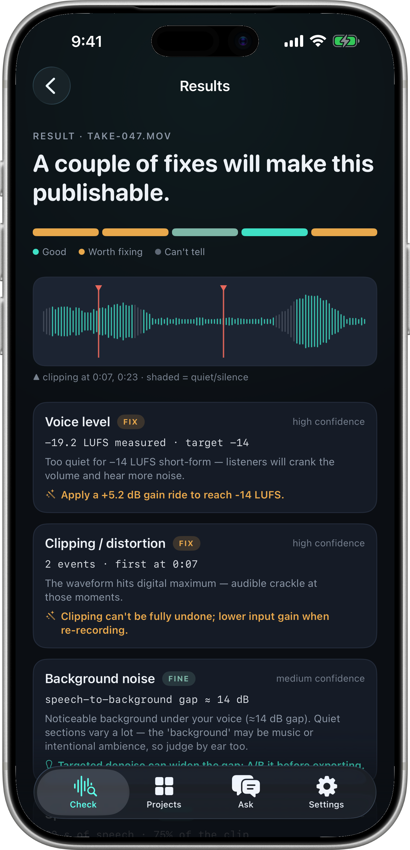 Results — verdict bar, evidence waveform, and finding cards for speech quality