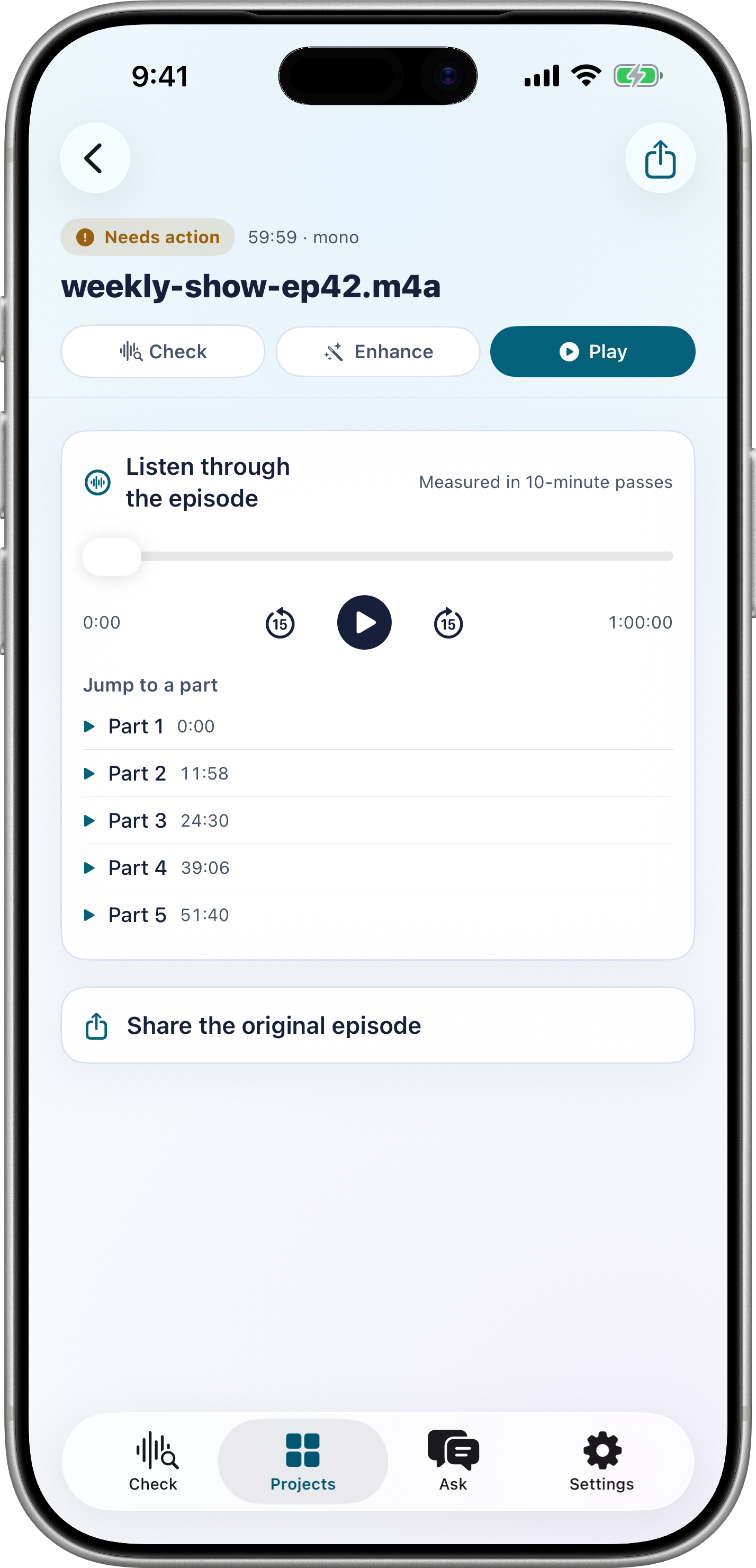 Projects — saved recordings and results