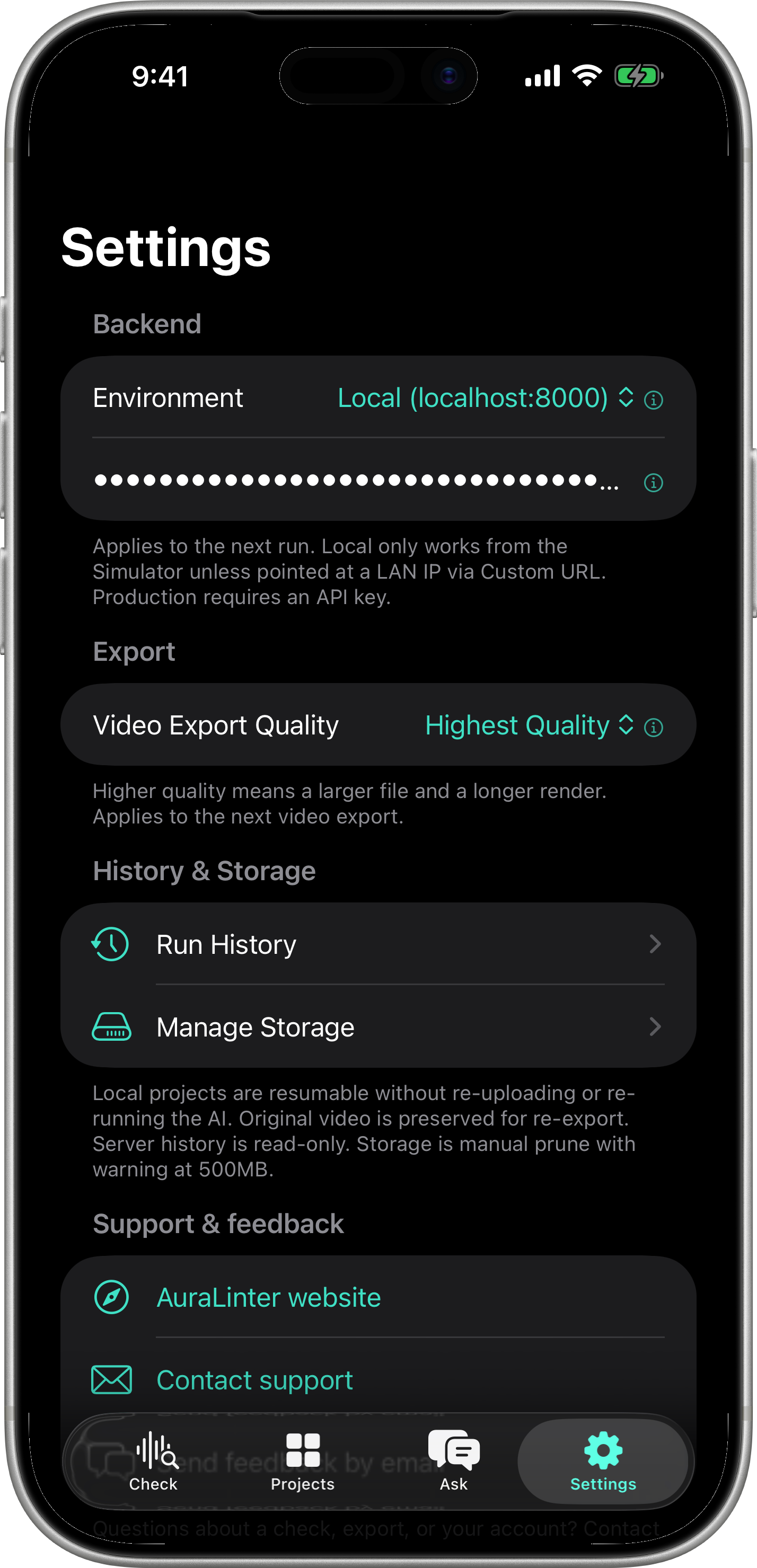 Settings — backend endpoint configuration, API key management, model tiering